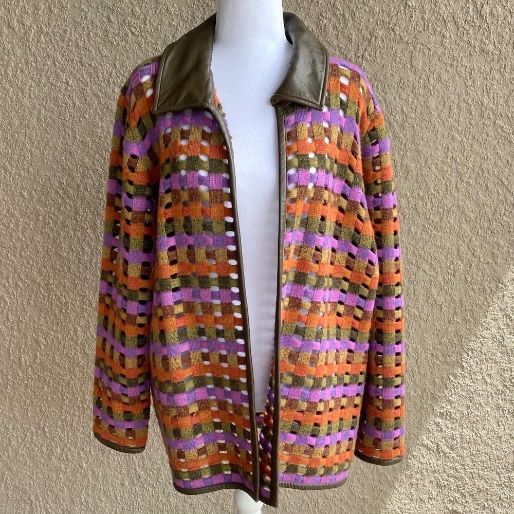 SIGRID OLSEN Open Cardigan Jacket Leather Trim Multi-Color Wool Size 1X - Picture 1 of 7